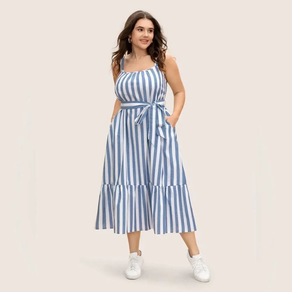NWT BloomChic Striped Linen Blend Ruffle Layered Hem Dress size XL (14-16)